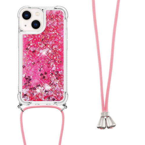 For iPhone 15 TPU Case Quicksand Design Phone Cover with Lanyard - Pink / Hearts - 1