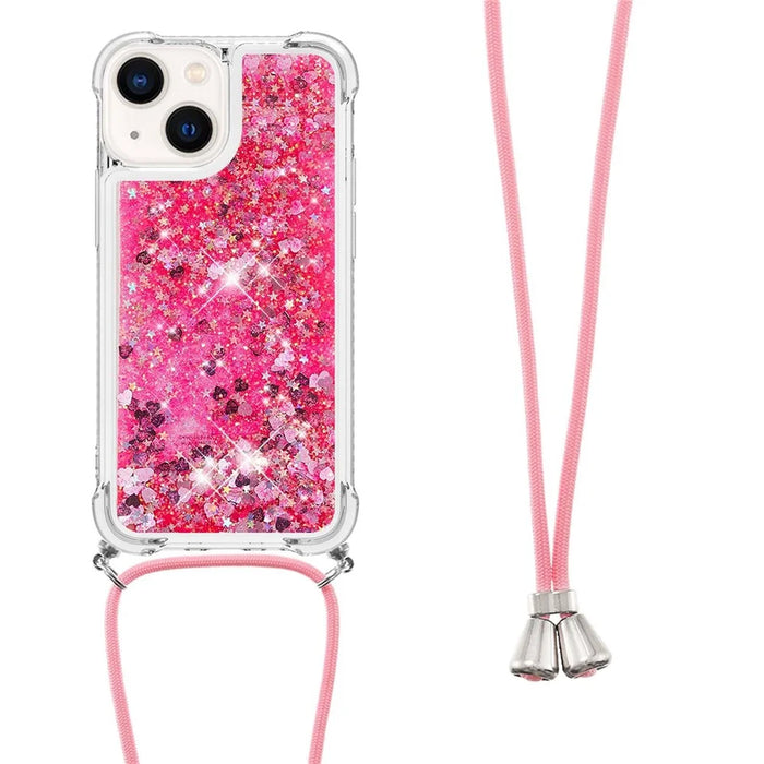 For iPhone 15 TPU Case Quicksand Design Phone Cover with Lanyard - Pink / Hearts - 1