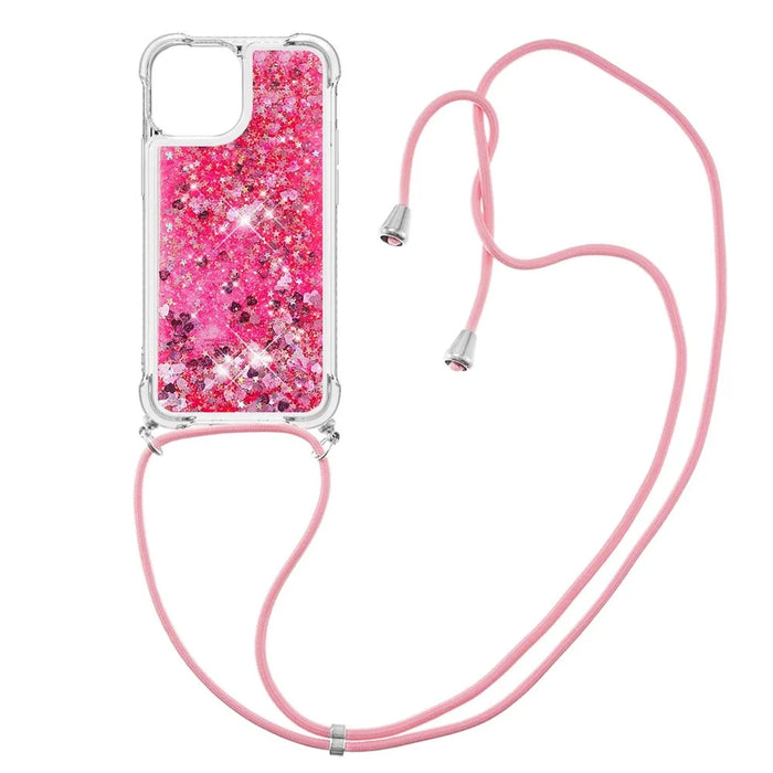 For iPhone 15 TPU Case Quicksand Design Phone Cover with Lanyard - Pink / Hearts - 2