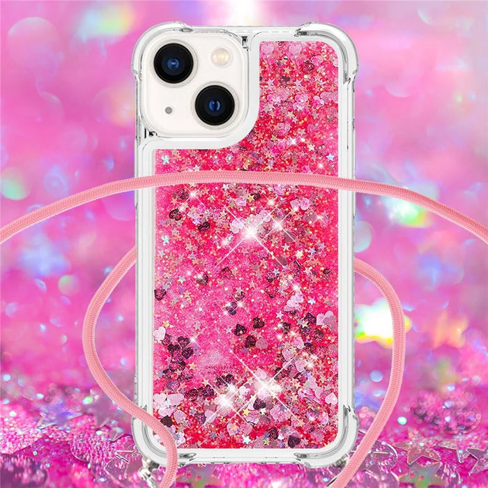 For iPhone 15 TPU Case Quicksand Design Phone Cover with Lanyard - Pink / Hearts - 4
