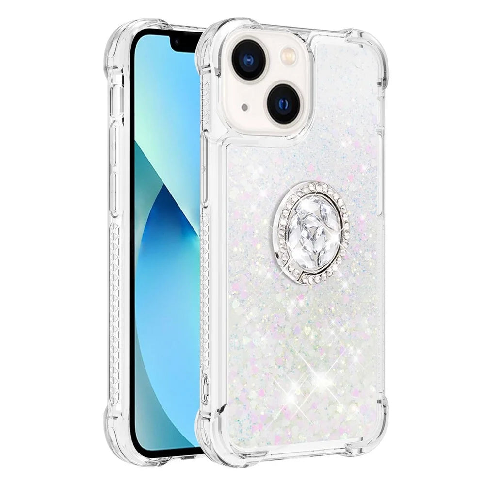 For iPhone 15 TPU Case with Kickstand Quicksand Shockproof Cover - Laser / Hearts - 1