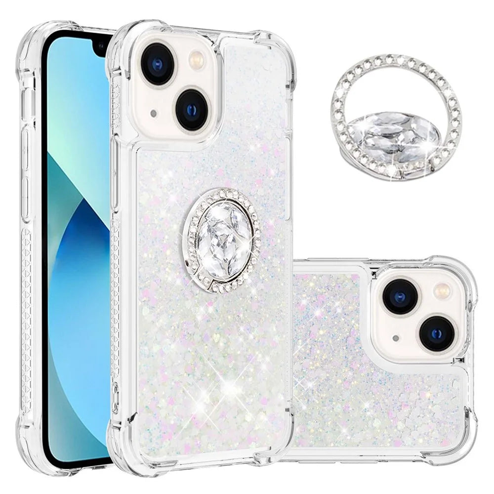 For iPhone 15 TPU Case with Kickstand Quicksand Shockproof Cover - Laser / Hearts - 2