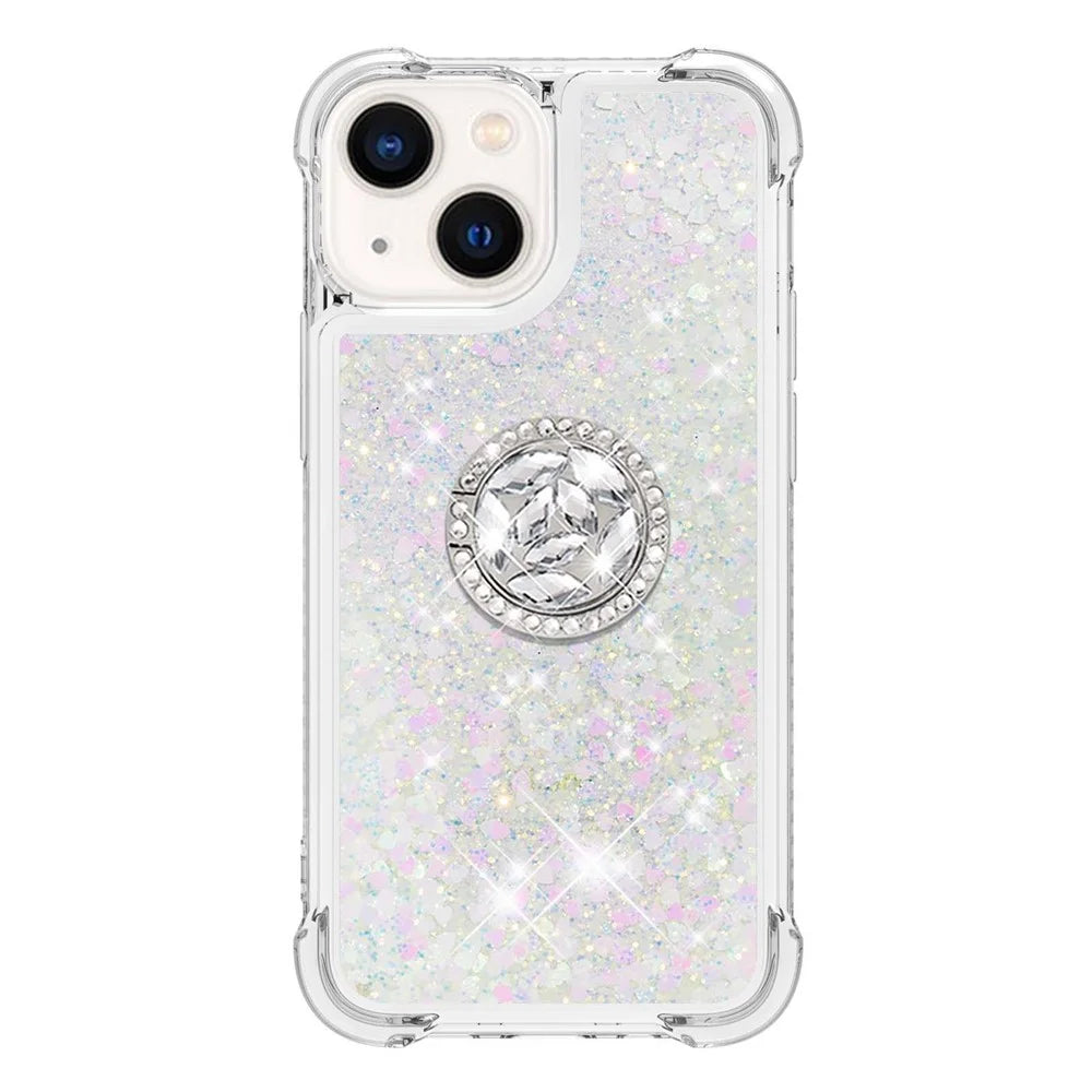 For iPhone 15 TPU Case with Kickstand Quicksand Shockproof Cover - Laser / Hearts - 3