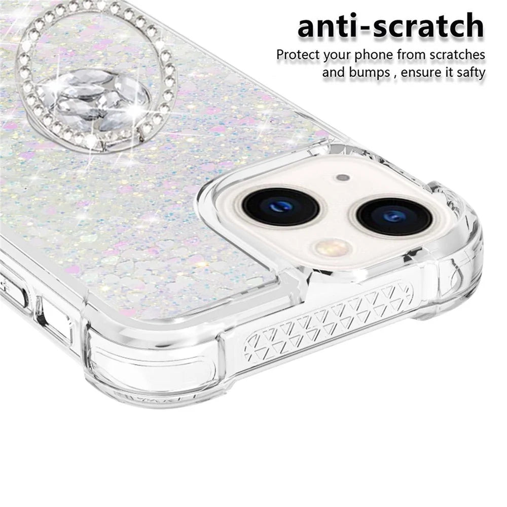 For iPhone 15 TPU Case with Kickstand Quicksand Shockproof Cover - Laser / Hearts - 4