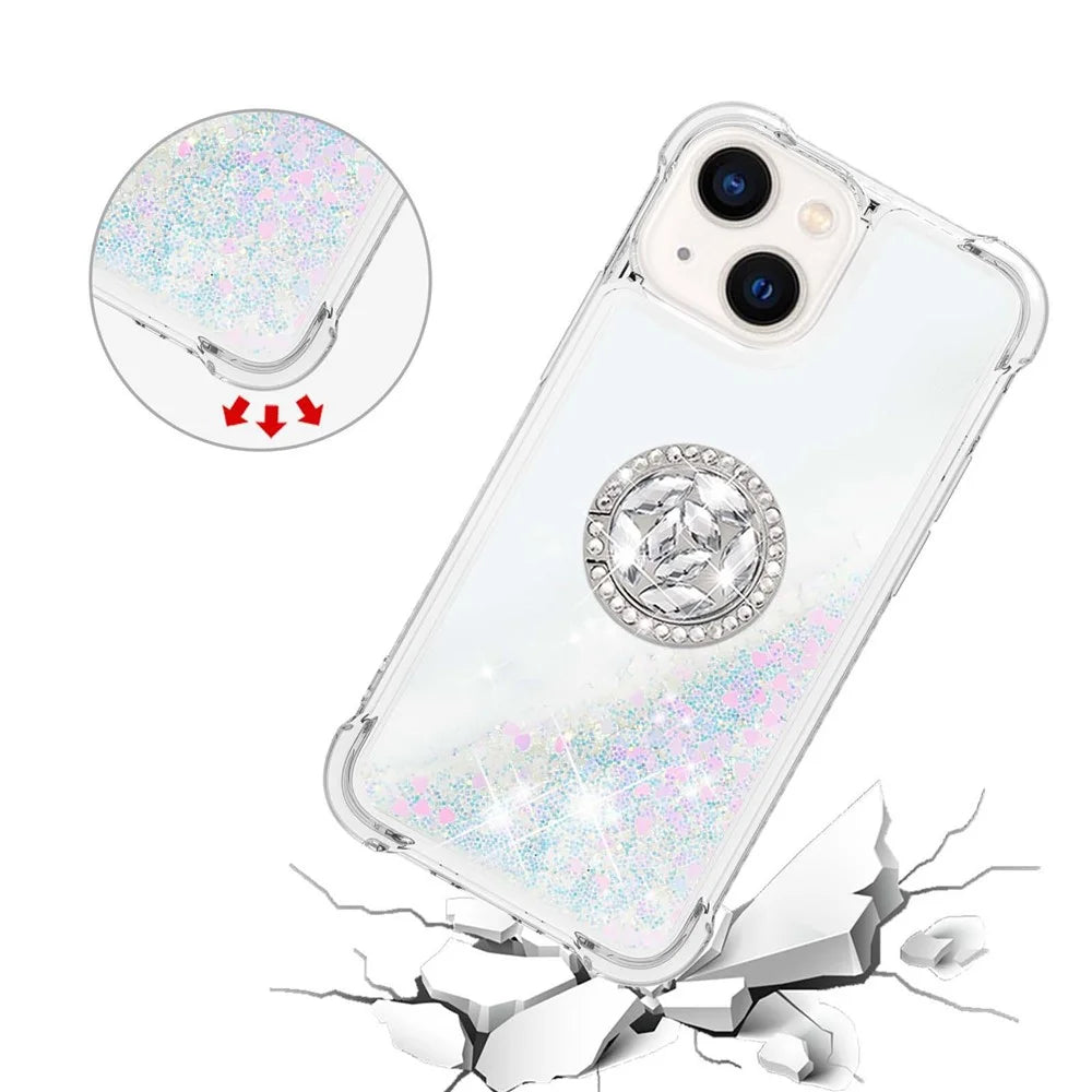 For iPhone 15 TPU Case with Kickstand Quicksand Shockproof Cover - Laser / Hearts - 5