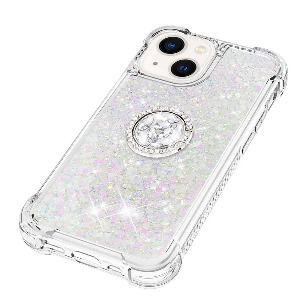 For iPhone 15 TPU Case with Kickstand Quicksand Shockproof Cover - Laser / Hearts - 6
