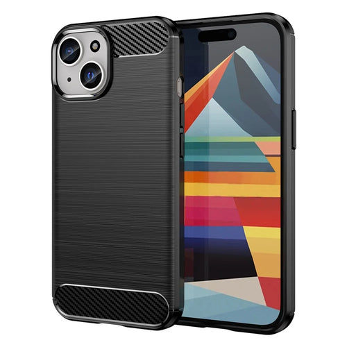 Soft TPU Phone Case for iPhone 15 , Carbon Fiber Texture Brushed Protective Phone Cover - Black - 1