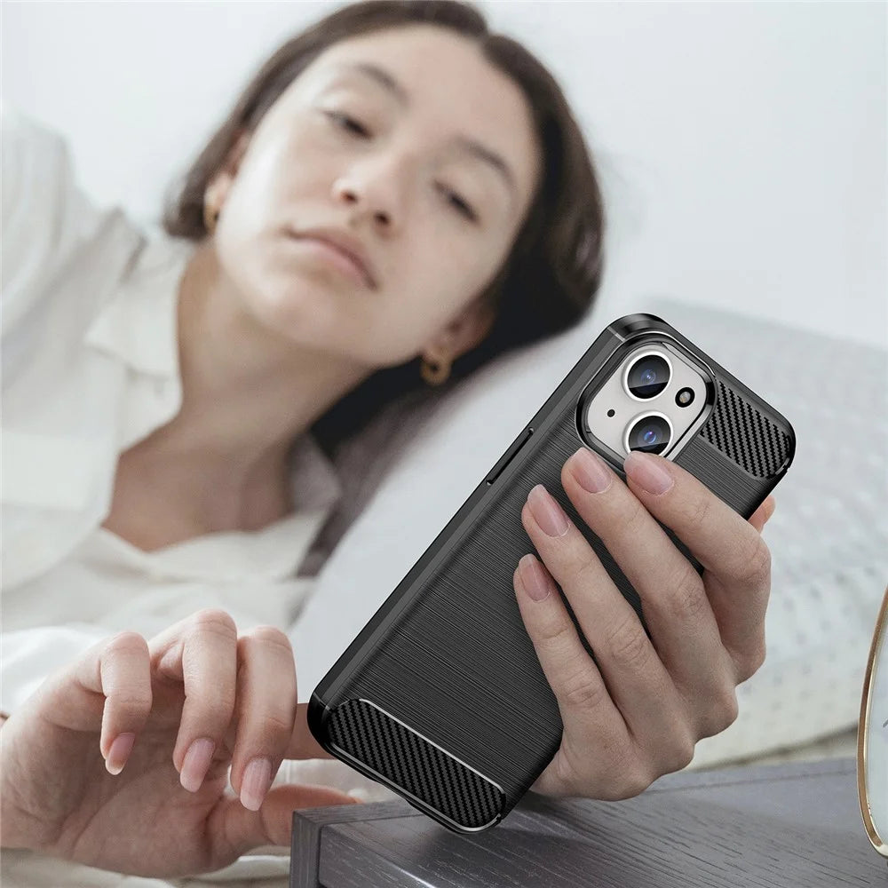 Soft TPU Phone Case for iPhone 15 , Carbon Fiber Texture Brushed Protective Phone Cover - Black - 7