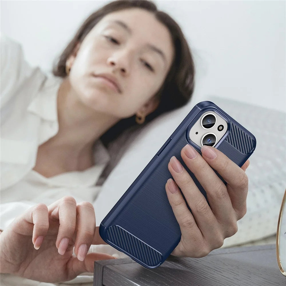Carbon Fiber Texture Brushed TPU Case for iPhone 15 Plus , Scratch-resistant Phone Cover - Blue - 7