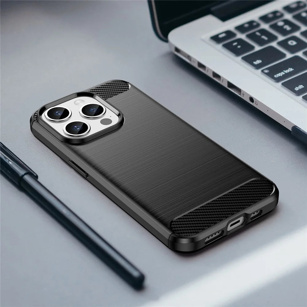 Carbon Fiber Texture Phone Case for iPhone 15 Pro Max , Brushed Anti-scratch TPU Cover - Black - 7