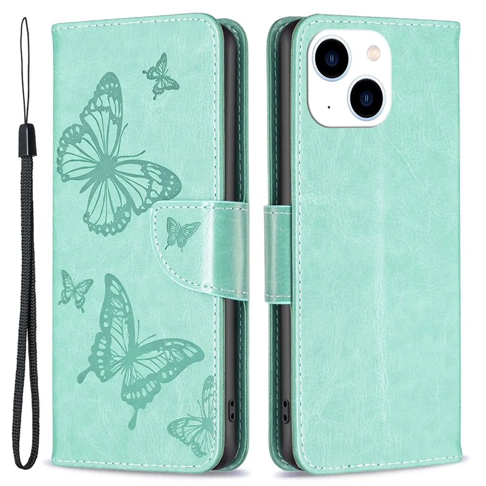 For iPhone 15 Foldable Stand Wallet Phone Flip Case Butterfly Imprinted Leather Cover with Strap - Green - 1