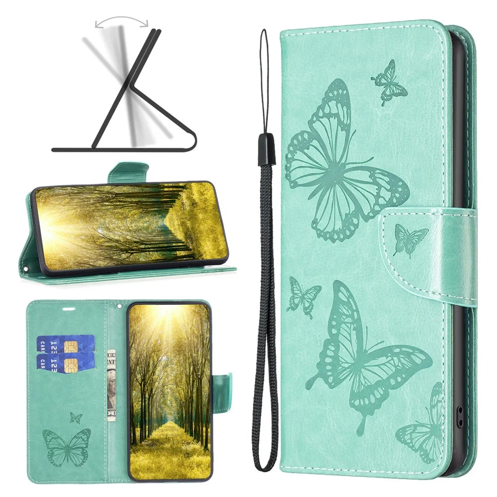 For iPhone 15 Foldable Stand Wallet Phone Flip Case Butterfly Imprinted Leather Cover with Strap - Green - 4
