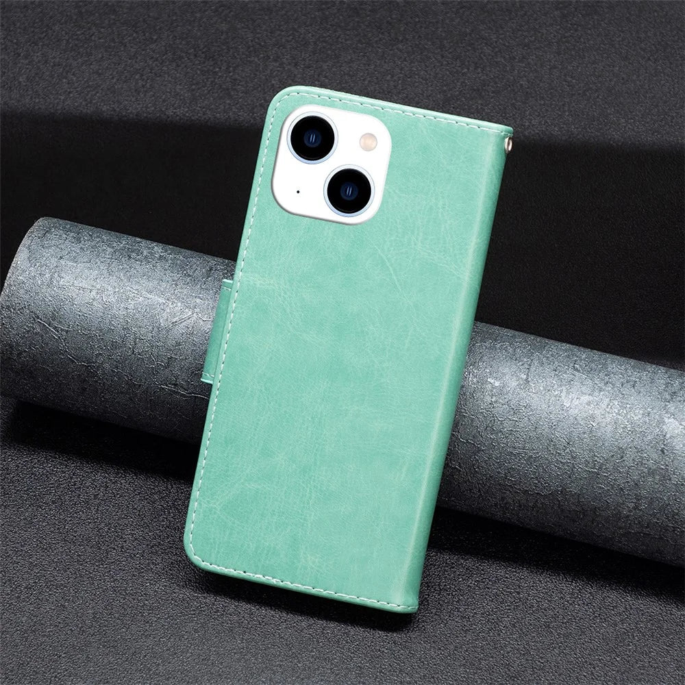 For iPhone 15 Foldable Stand Wallet Phone Flip Case Butterfly Imprinted Leather Cover with Strap - Green - 5