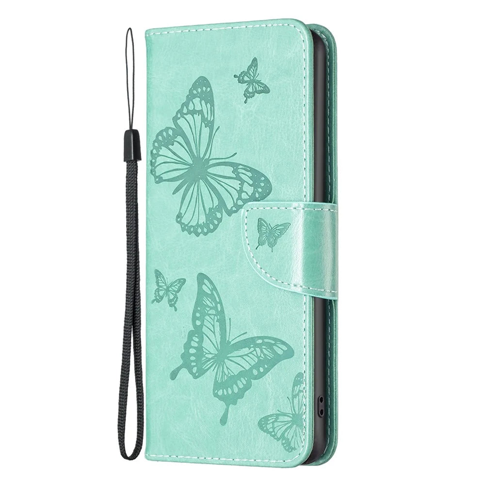 For iPhone 15 Foldable Stand Wallet Phone Flip Case Butterfly Imprinted Leather Cover with Strap - Green - 7