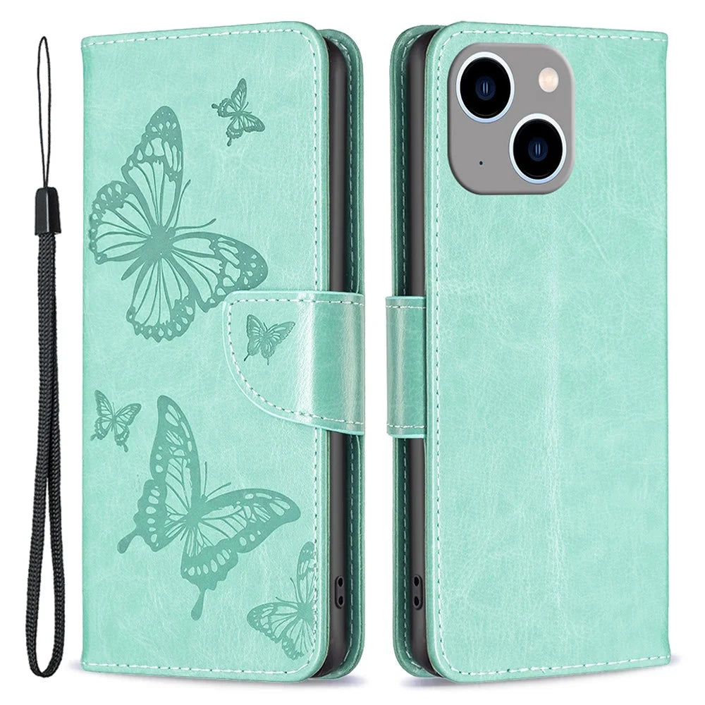 For iPhone 15 Plus Anti-Dust Stand Wallet Phone Flip Case Butterfly Imprinted Leather Cover with Strap - Green - 1