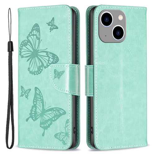 For iPhone 15 Plus Anti-Dust Stand Wallet Phone Flip Case Butterfly Imprinted Leather Cover with Strap - Green - 1
