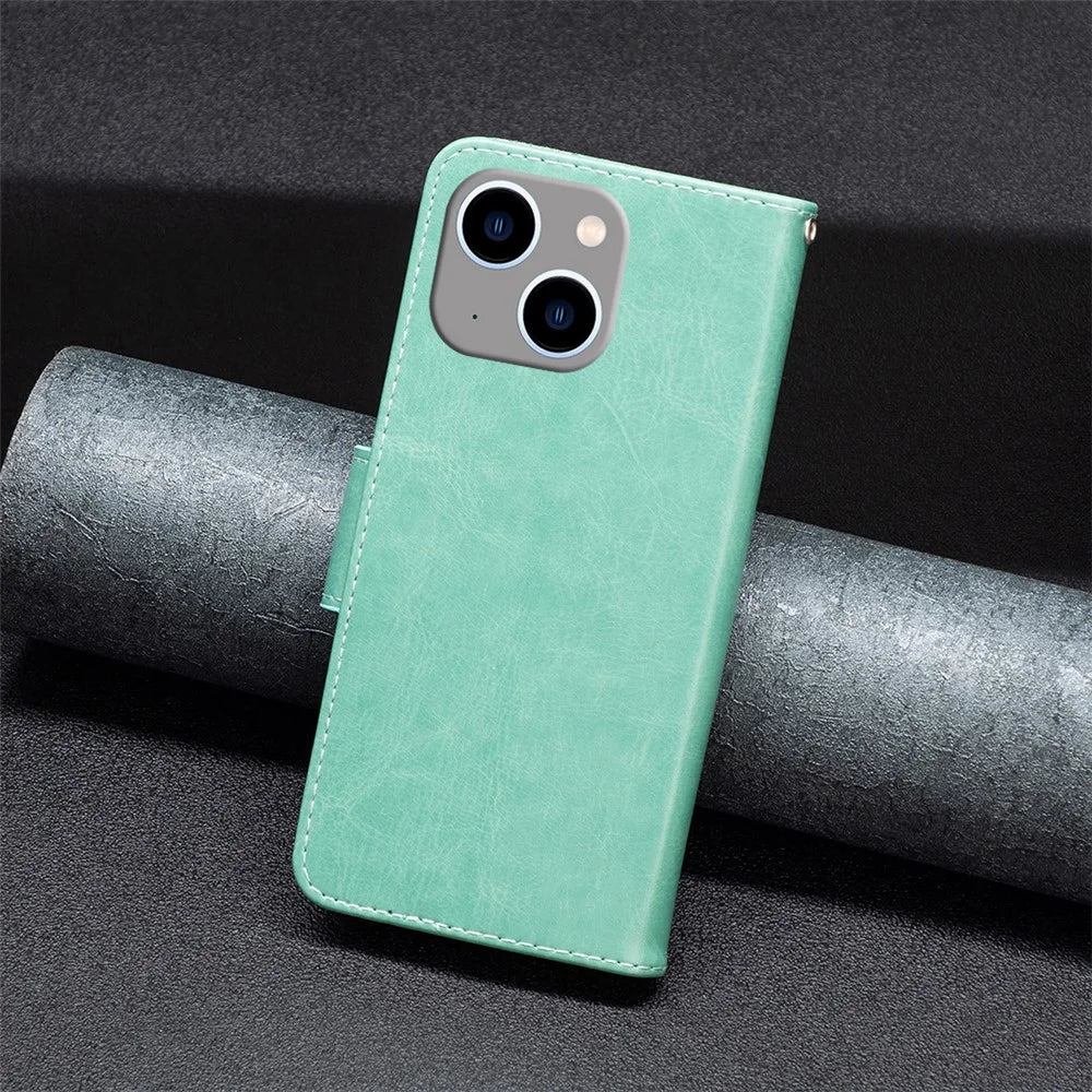 For iPhone 15 Plus Anti-Dust Stand Wallet Phone Flip Case Butterfly Imprinted Leather Cover with Strap - Green - 5