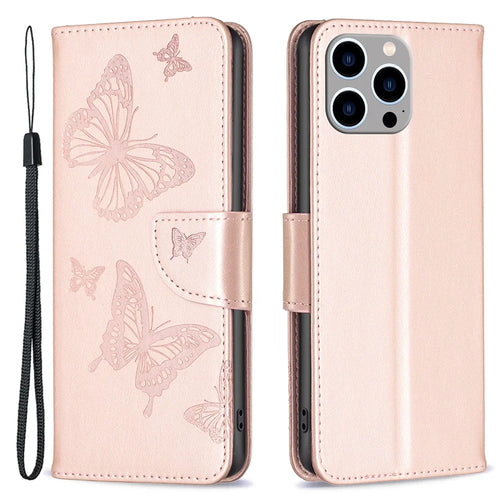 For iPhone 15 Pro Max Flip Case Butterfly Imprinted Leather Anti-Dust Stand Wallet Phone Cover with Strap - Rose Gold - 1