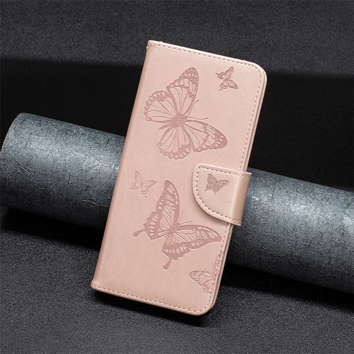 For iPhone 15 Pro Max Flip Case Butterfly Imprinted Leather Anti-Dust Stand Wallet Phone Cover with Strap - Rose Gold - 4