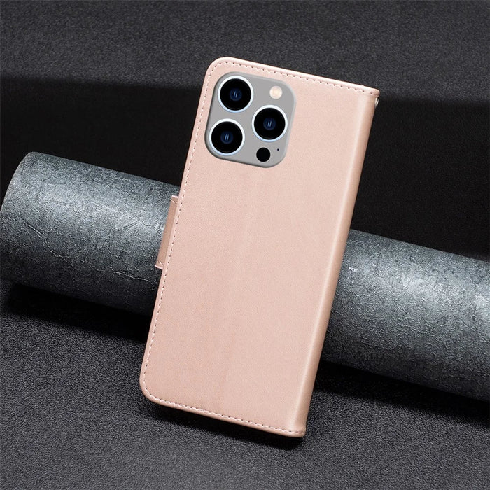 For iPhone 15 Pro Max Flip Case Butterfly Imprinted Leather Anti-Dust Stand Wallet Phone Cover with Strap - Rose Gold - 5