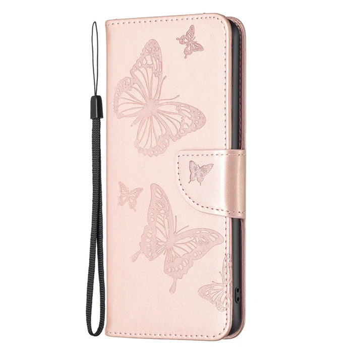 For iPhone 15 Pro Max Flip Case Butterfly Imprinted Leather Anti-Dust Stand Wallet Phone Cover with Strap - Rose Gold - 6