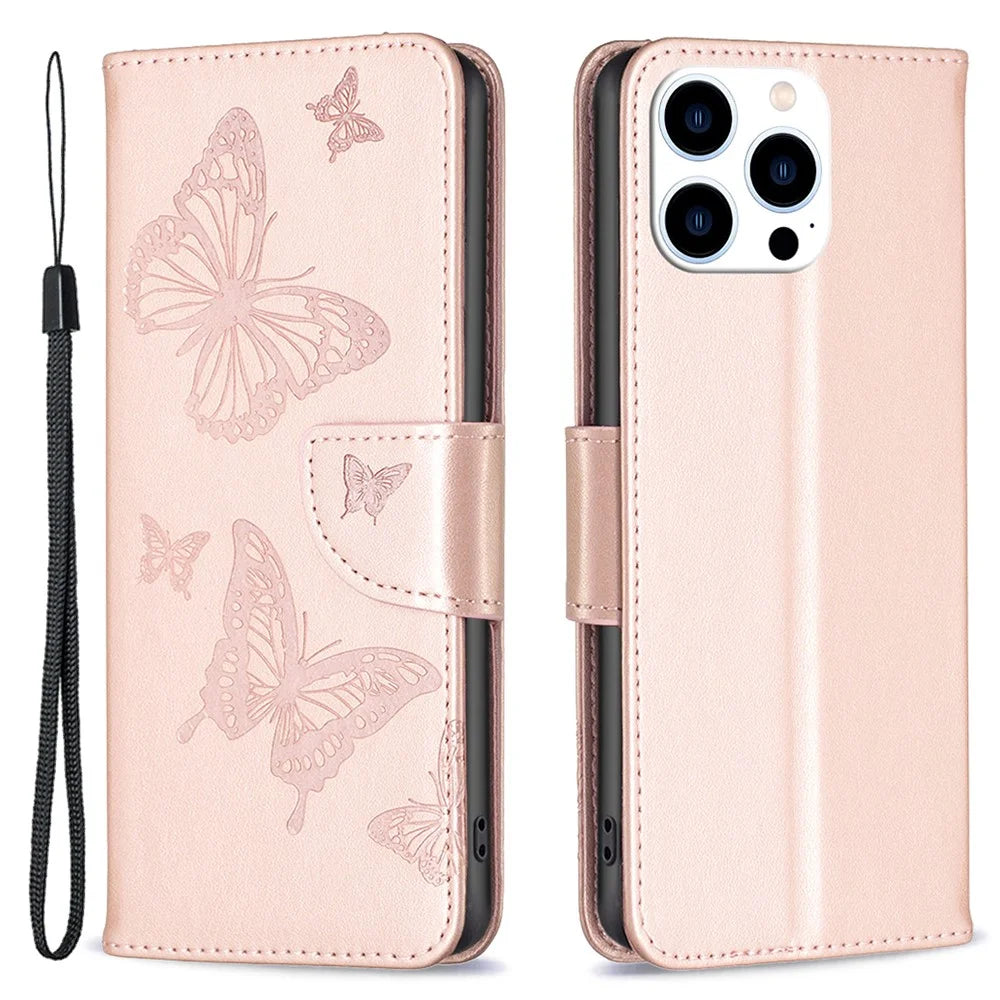 For iPhone 15 Pro Shockproof Phone Flip Case Butterfly Imprinted Leather Stand Wallet Cover with Strap - Rose Gold - 1