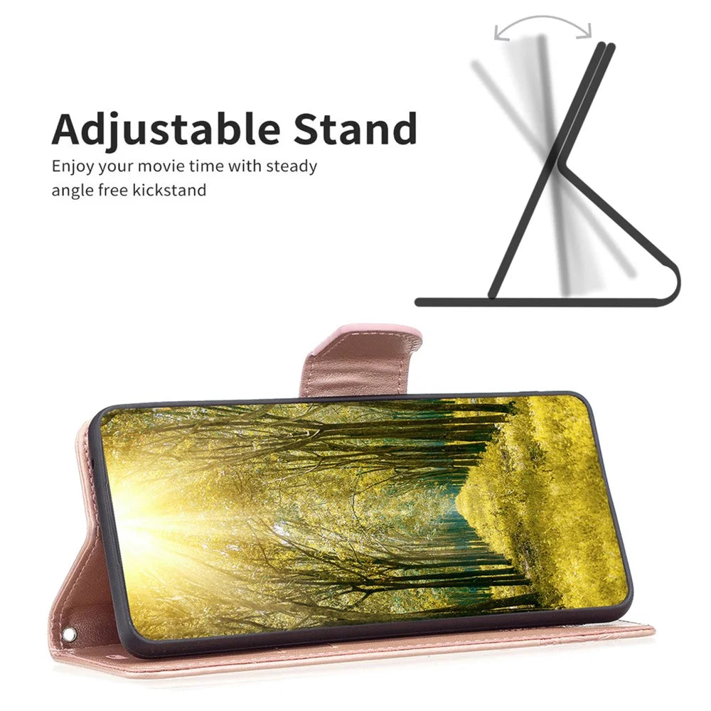 For iPhone 15 Pro Shockproof Phone Flip Case Butterfly Imprinted Leather Stand Wallet Cover with Strap - Rose Gold - 2