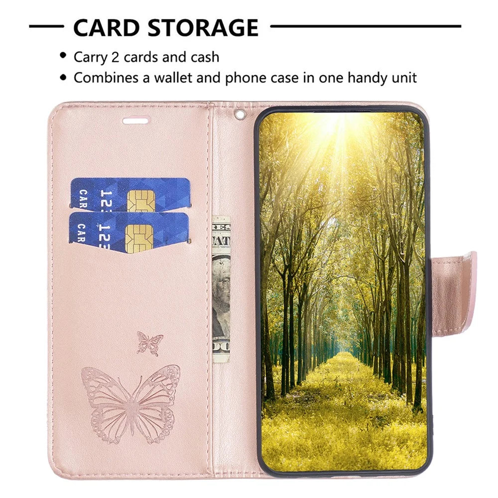 For iPhone 15 Pro Shockproof Phone Flip Case Butterfly Imprinted Leather Stand Wallet Cover with Strap - Rose Gold - 3