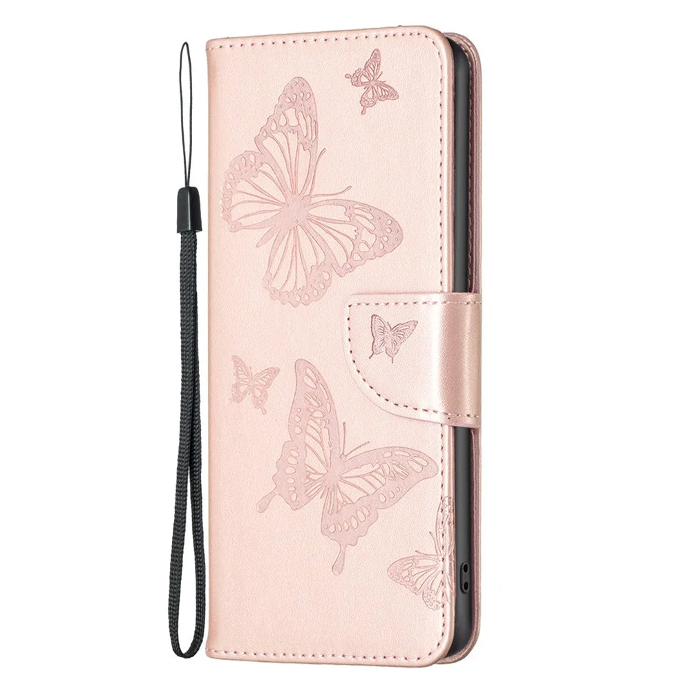 For iPhone 15 Pro Shockproof Phone Flip Case Butterfly Imprinted Leather Stand Wallet Cover with Strap - Rose Gold - 6