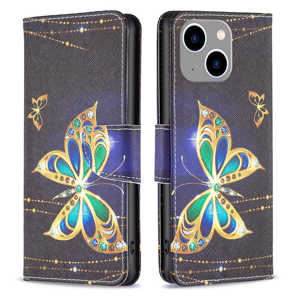 For iPhone 15 Plus Wallet PU Leather Phone Case Pattern Printing Stand Protective Phone Cover - Jewelry Butterfly - 1