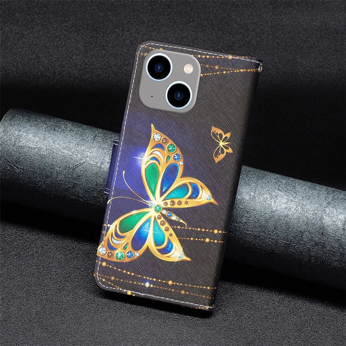 For iPhone 15 Plus Wallet PU Leather Phone Case Pattern Printing Stand Protective Phone Cover - Jewelry Butterfly - 4