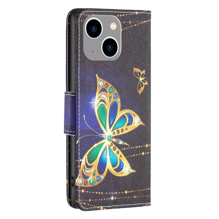 For iPhone 15 Plus Wallet PU Leather Phone Case Pattern Printing Stand Protective Phone Cover - Jewelry Butterfly - 7