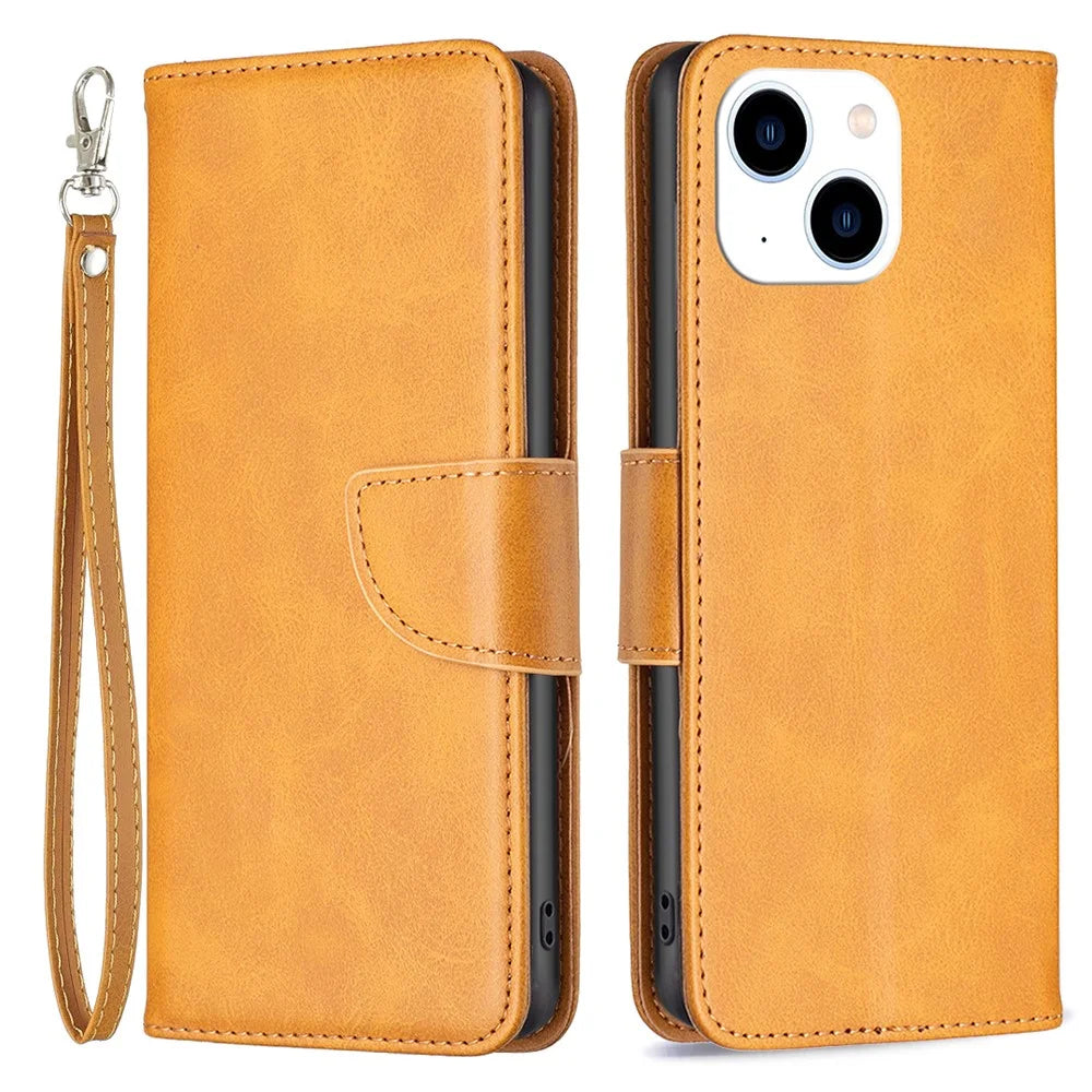 For iPhone 15 Phone Stand Cover Solid Color Fine Textured PU Leather Wallet Anti-Scratch Phone Case - Yellow - 1