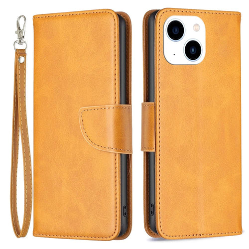 For iPhone 15 Phone Stand Cover Solid Color Fine Textured PU Leather Wallet Anti-Scratch Phone Case - Yellow - 1