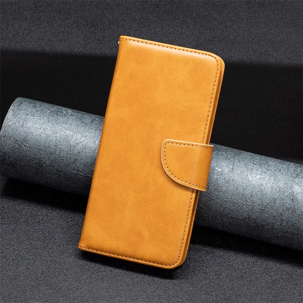 For iPhone 15 Phone Stand Cover Solid Color Fine Textured PU Leather Wallet Anti-Scratch Phone Case - Yellow - 4