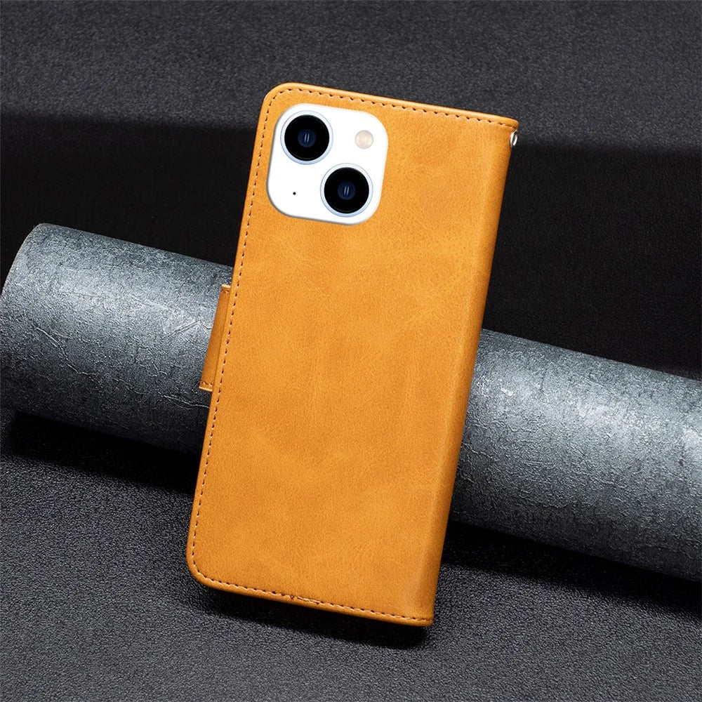 For iPhone 15 Phone Stand Cover Solid Color Fine Textured PU Leather Wallet Anti-Scratch Phone Case - Yellow - 5