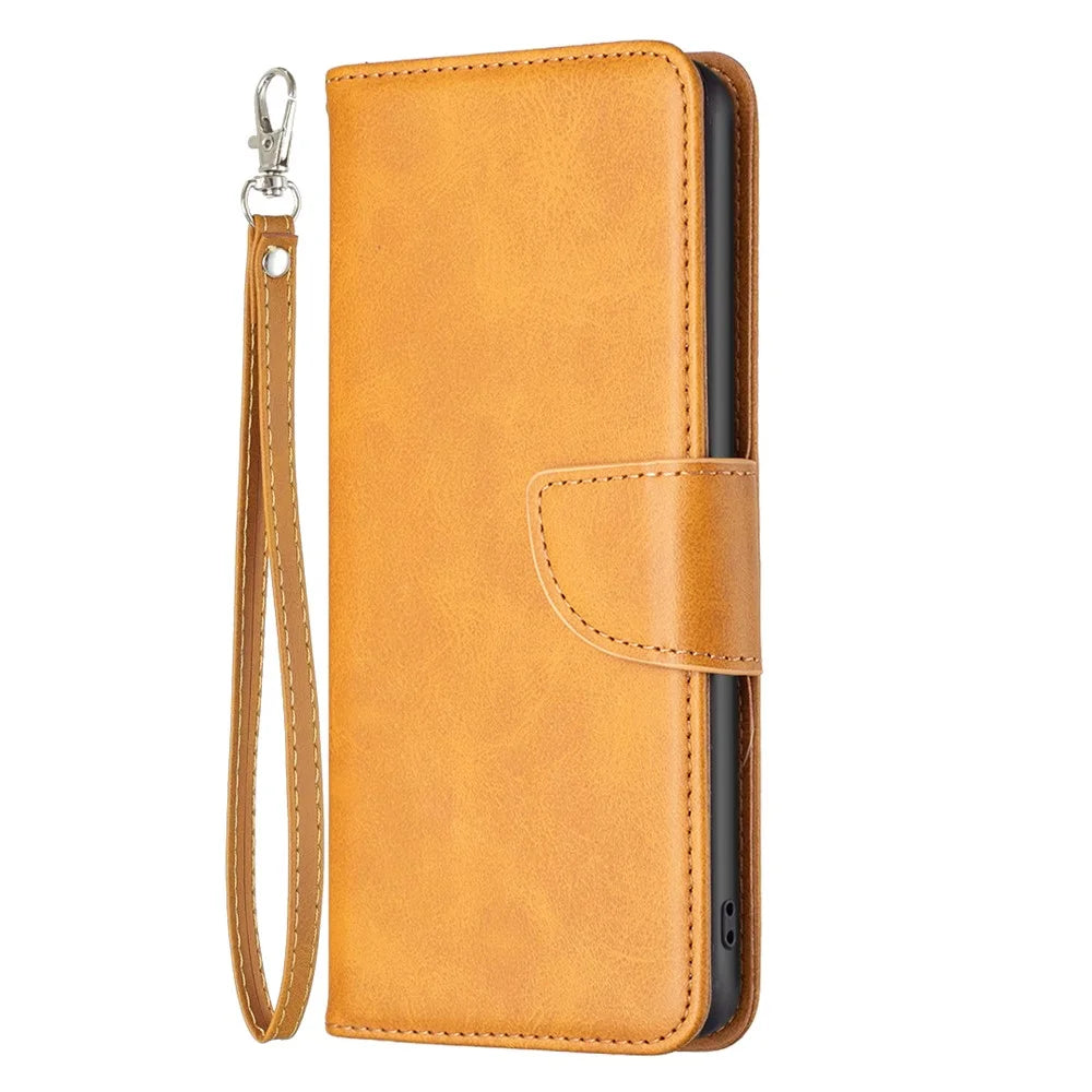 For iPhone 15 Phone Stand Cover Solid Color Fine Textured PU Leather Wallet Anti-Scratch Phone Case - Yellow - 6