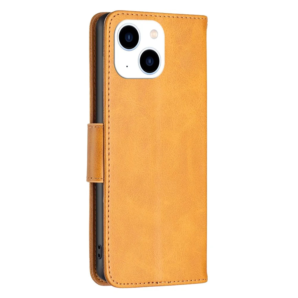 For iPhone 15 Phone Stand Cover Solid Color Fine Textured PU Leather Wallet Anti-Scratch Phone Case - Yellow - 7