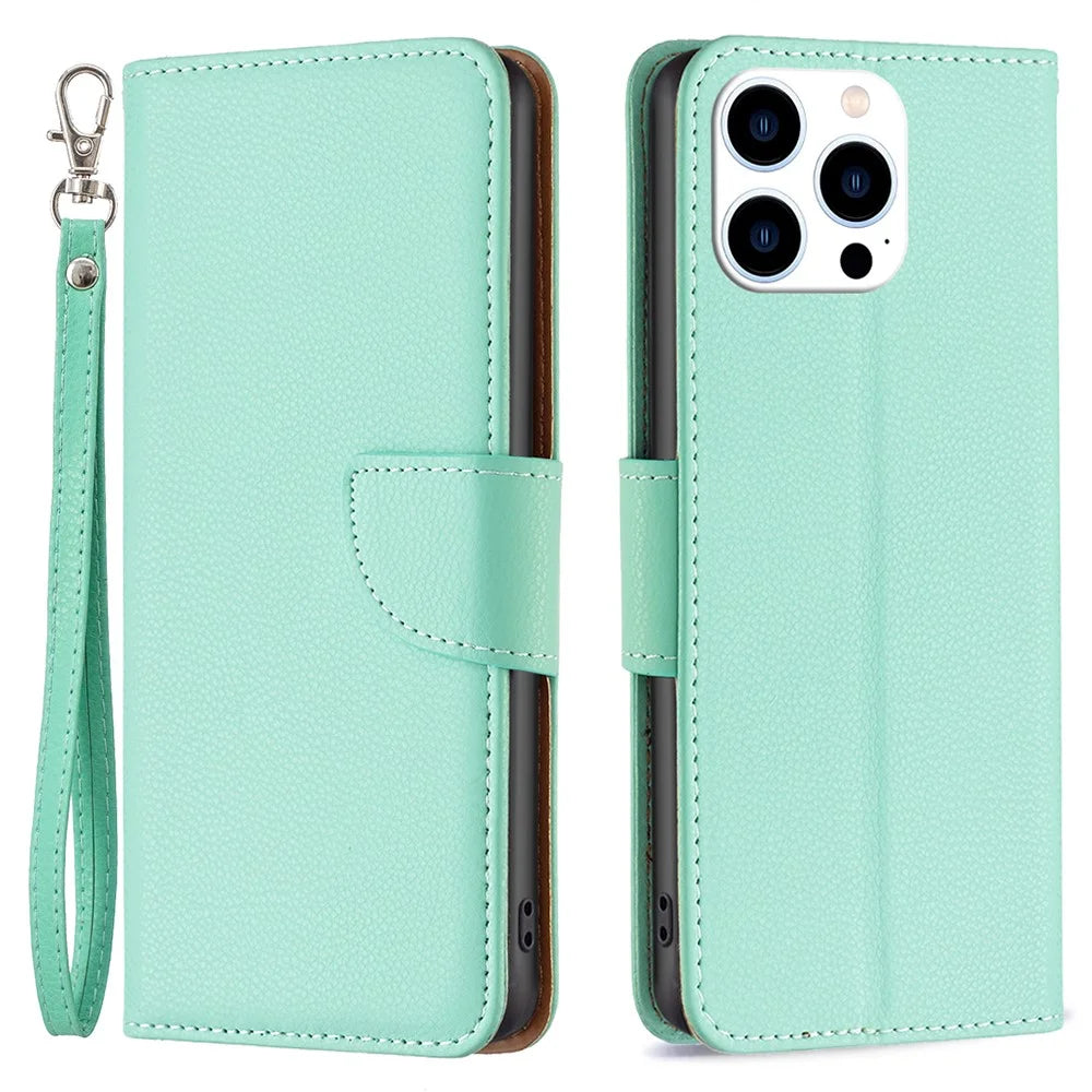 For iPhone 15 Pro Wallet Case with Wrist Strap Litchi Texture Leather Phone Stand Cover - Green - 1