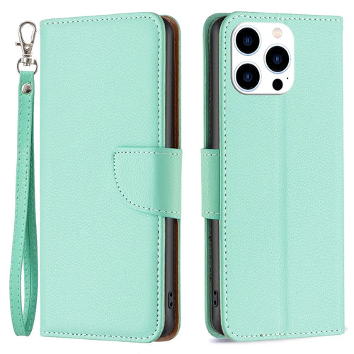 For iPhone 15 Pro Wallet Case with Wrist Strap Litchi Texture Leather Phone Stand Cover - Green - 1