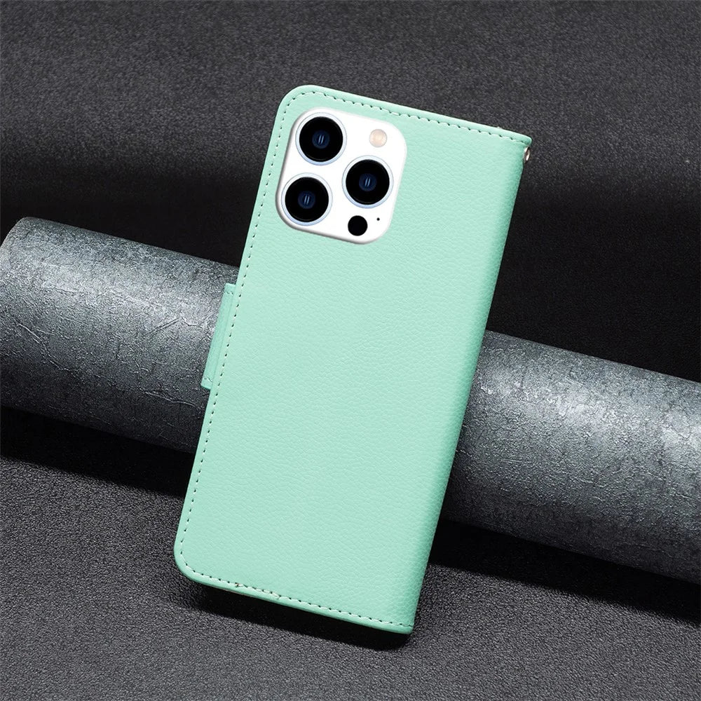 For iPhone 15 Pro Wallet Case with Wrist Strap Litchi Texture Leather Phone Stand Cover - Green - 5