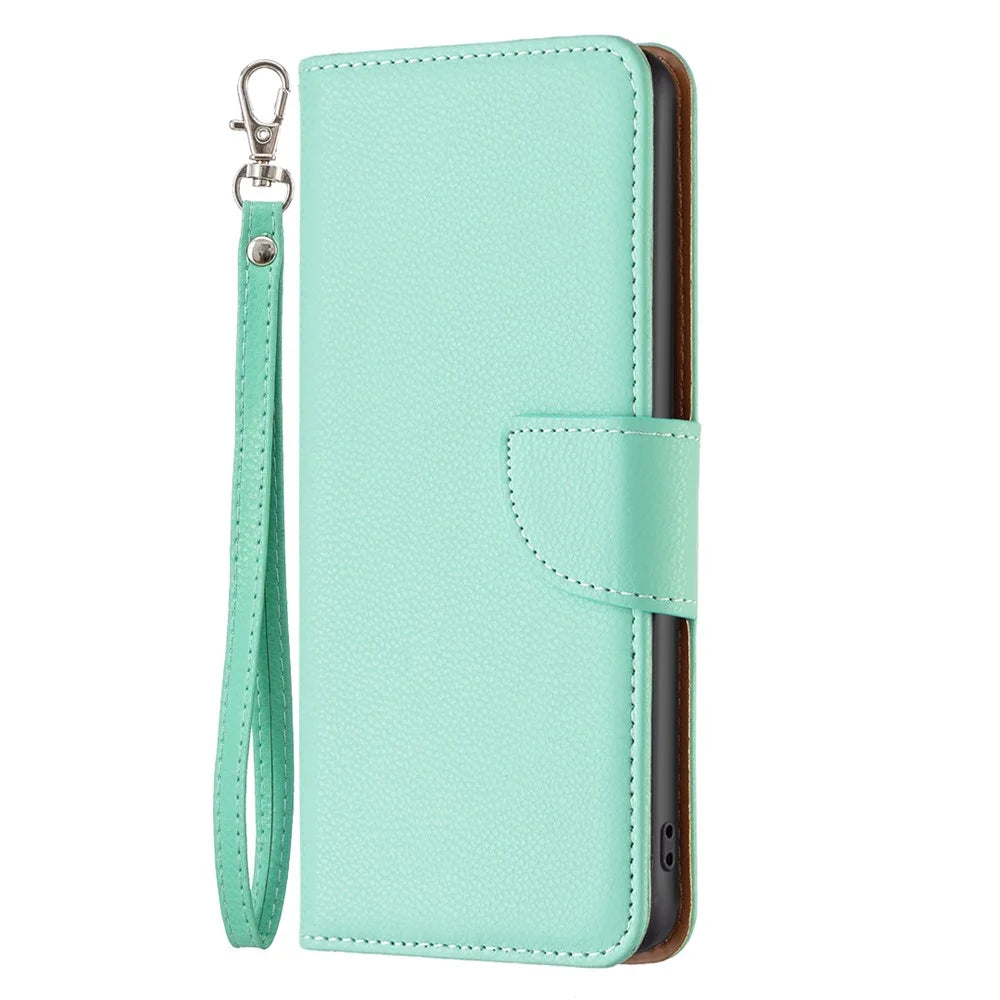 For iPhone 15 Pro Wallet Case with Wrist Strap Litchi Texture Leather Phone Stand Cover - Green - 6