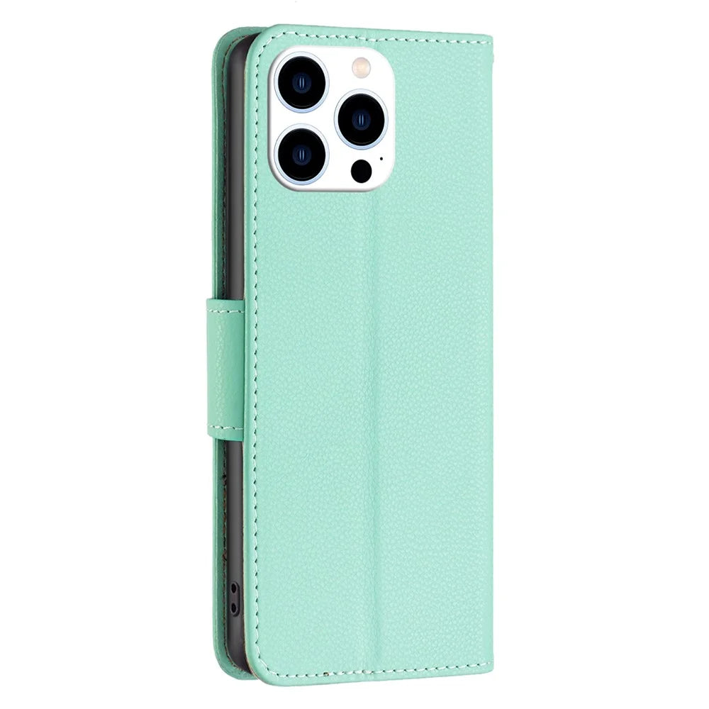 For iPhone 15 Pro Wallet Case with Wrist Strap Litchi Texture Leather Phone Stand Cover - Green - 7
