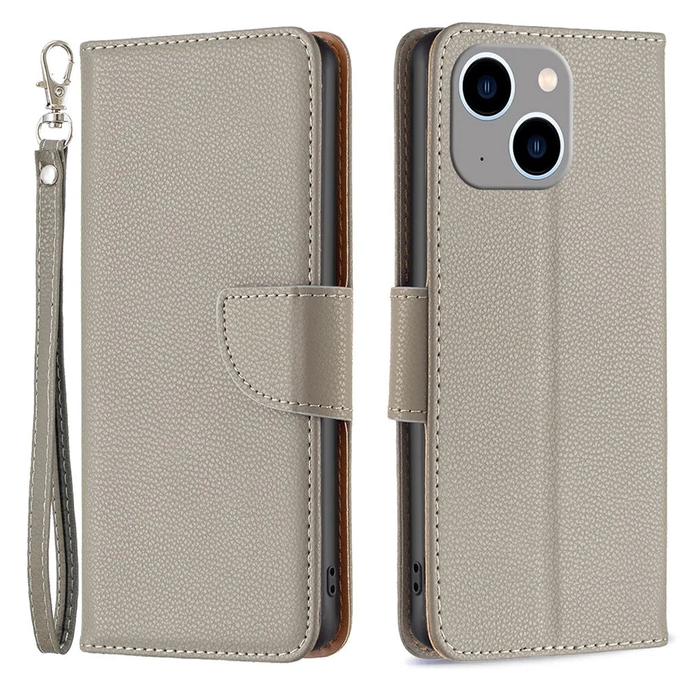 For iPhone 15 Plus Wallet Case with Wrist Strap Litchi Texture Leather Phone Stand Cover - Grey - 1