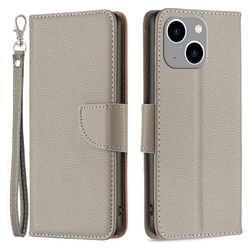 For iPhone 15 Plus Wallet Case with Wrist Strap Litchi Texture Leather Phone Stand Cover - Grey - 1