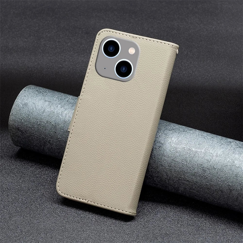 For iPhone 15 Plus Wallet Case with Wrist Strap Litchi Texture Leather Phone Stand Cover - Grey - 5