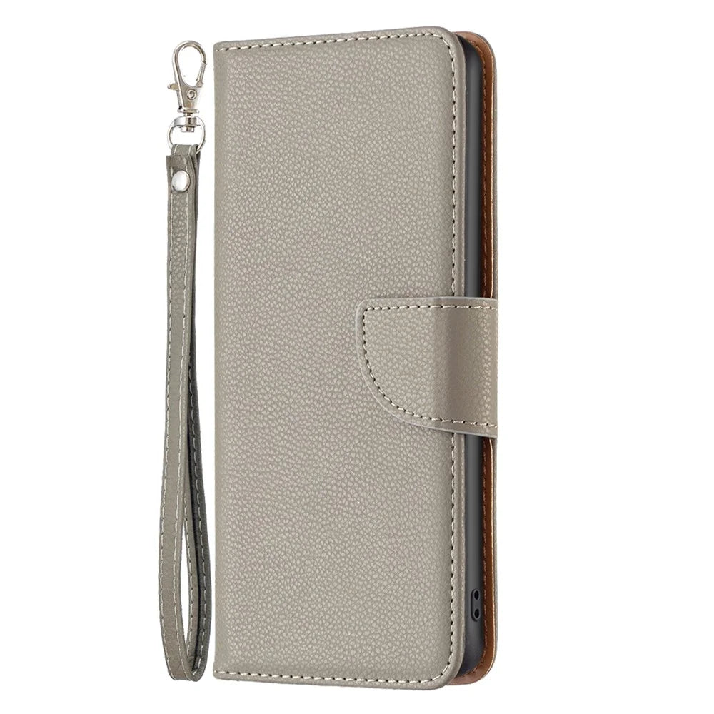 For iPhone 15 Plus Wallet Case with Wrist Strap Litchi Texture Leather Phone Stand Cover - Grey - 6