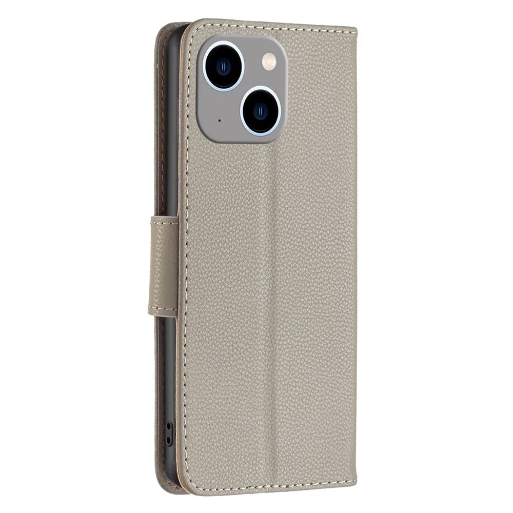 For iPhone 15 Plus Wallet Case with Wrist Strap Litchi Texture Leather Phone Stand Cover - Grey - 7