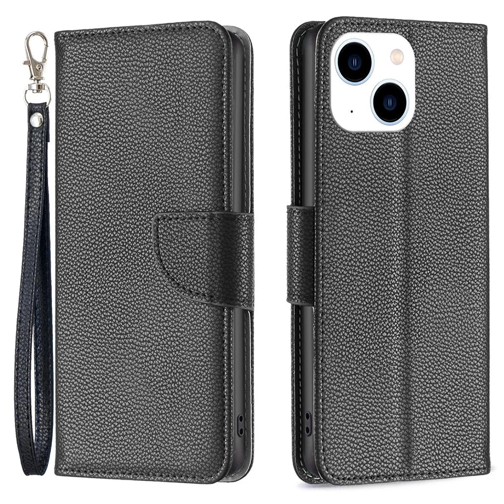For iPhone 15 Wallet Case with Wrist Strap Litchi Texture Leather Phone Stand Cover - Black - 1