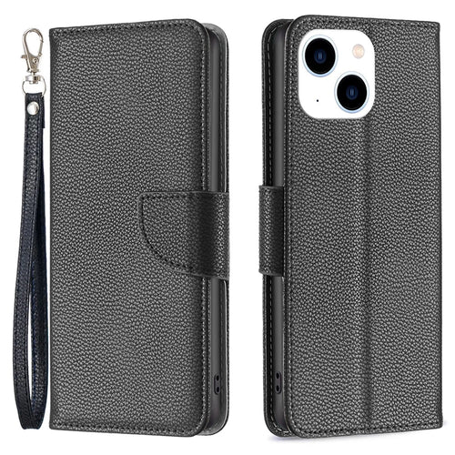 For iPhone 15 Wallet Case with Wrist Strap Litchi Texture Leather Phone Stand Cover - Black - 1